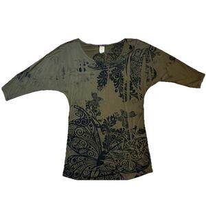 Vintage Y2K Agenda Grunge Butterfly Print Top Olive Green Short Sleeved Shirt SM